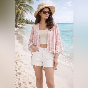 Women's Fringe Cardigan Pink Kimono Short Sleeve Size Os Cover up